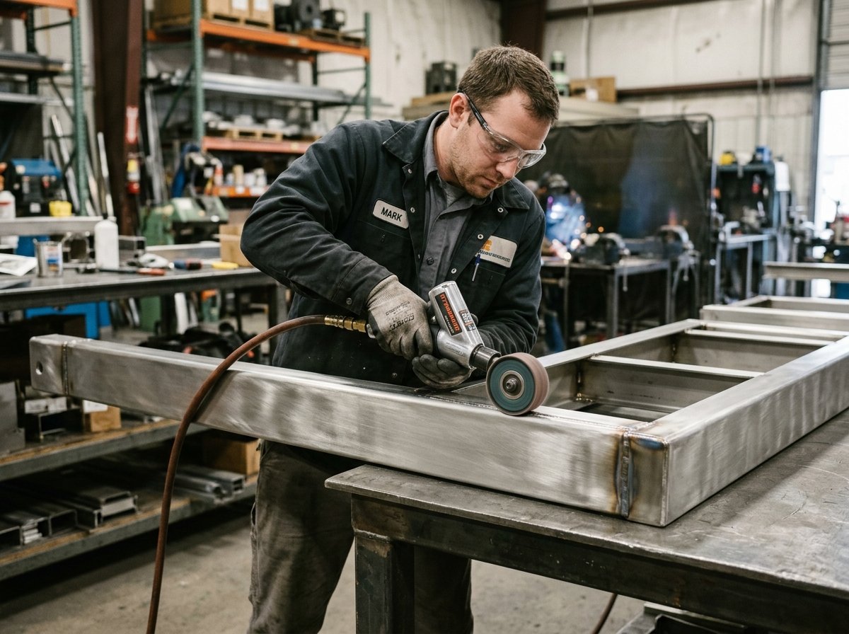 Châssis inox brossé en cours de finition d'atelier
