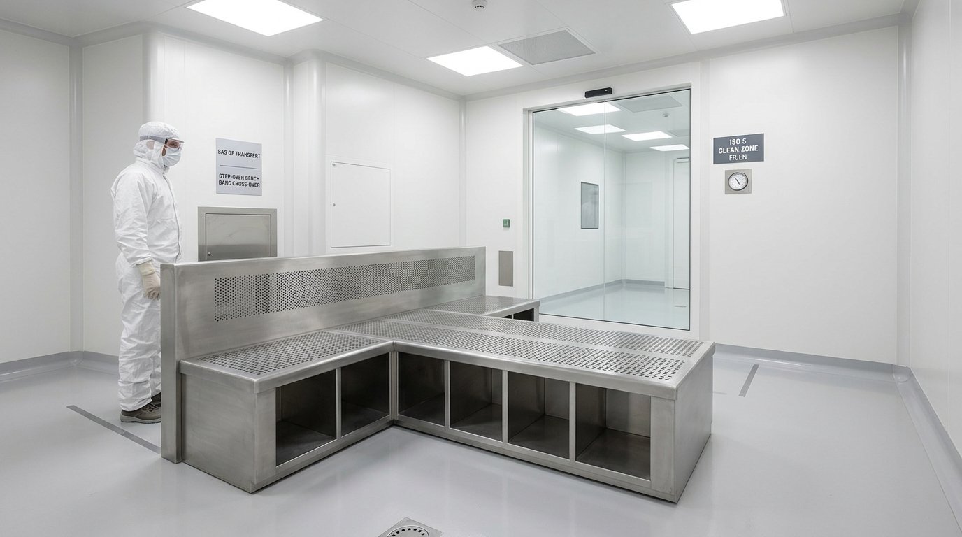 Banc de passage cross-over pour SAS de salle blanche ISO 5 stérile