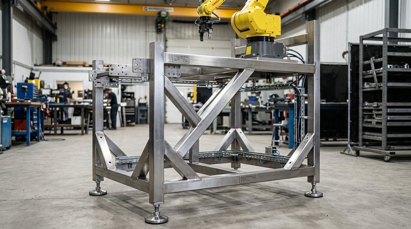 Bâti mécano-soudé rigide inox 304L avec platines usinées pour ligne robotisée