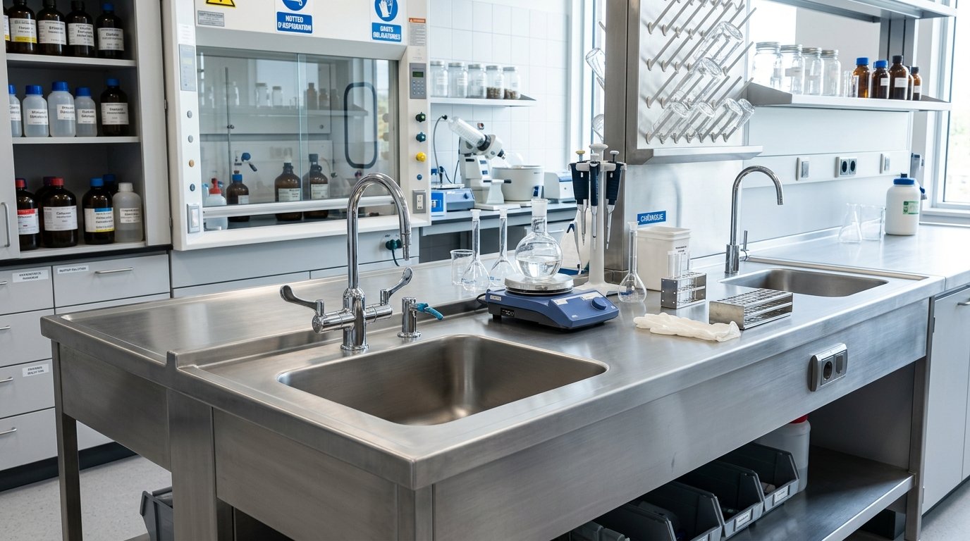 Paillasse de laboratoire inox 316L avec cuves soudées et profil marine anti-goutte